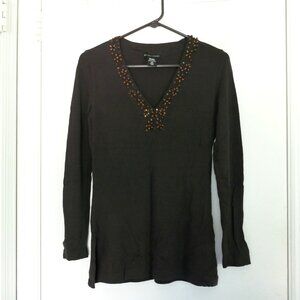 vintage Y2K NY & Company v-neck silk mocha brown beaded tunic sweater size XS